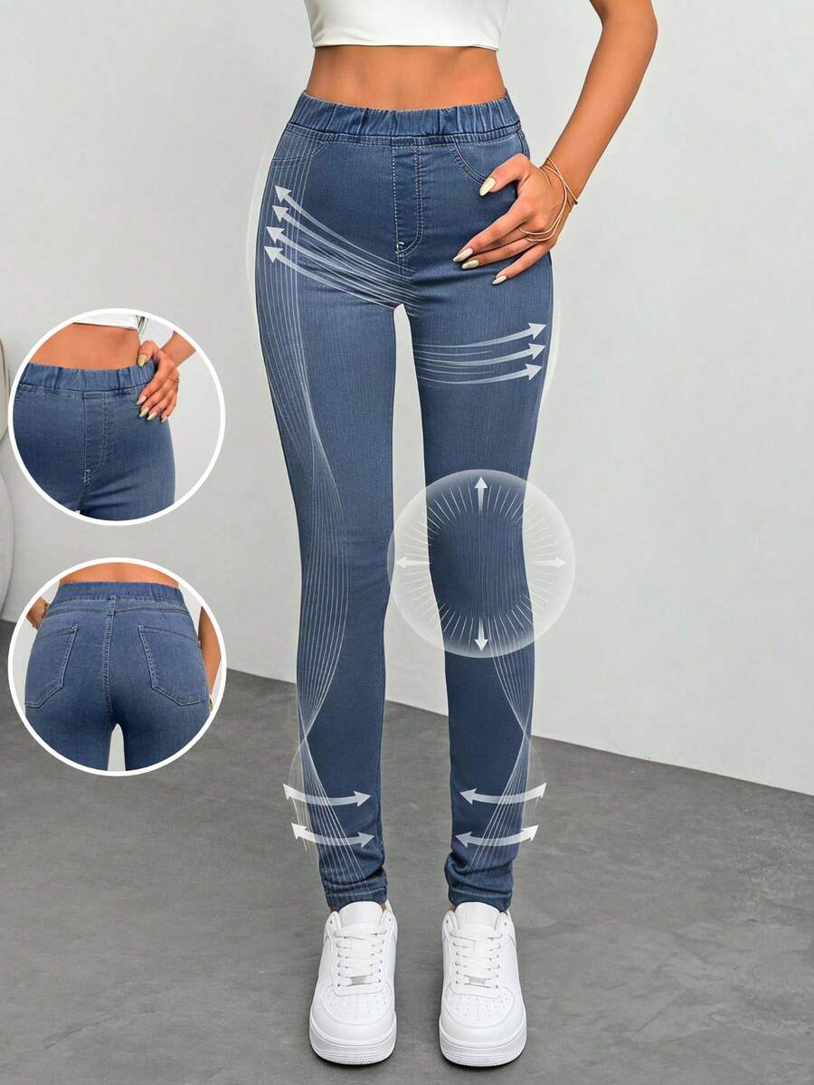 Women's High Waist Elastic Waist Blue Leggings Jeans - Blue - View 1