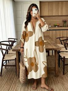 Spring & Fall V-Neck Loose Long-Sleeve Dress With Large Floral Print, Casual Beach Vacation Plus Size Dress - Multicolor - View 1