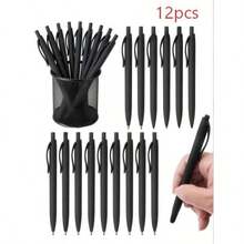12 Matte Black Retractable Ballpoint Pens; Easy-To-Use Button Design; Minimalist Style; Retractable And Portable; Comfortable Grip; Smooth Writing; Perfect For The Back-To-School Season; Suitable For Bulk Purchases By Schools And Offices. - Simple Black Ballpoint Pen - View 6