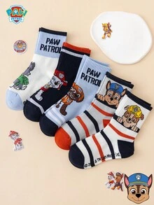 5 أزواج من جوارب الأطفال متوسطة الطول من سلسلة Paw Patrol الأصلية بتصميم Chase وRubble مع خطوط وحروف كرتونية - متعدد الألوان - مشاهدة 1