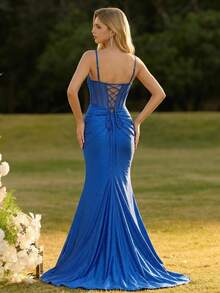 Women's Royal Blue Satin Long Dress, Rhinestone V-Neck Backless Design, High Waist Pleated Spaghetti Strap High Slit Design, Backless Tie Design - Royal Blue - View 7