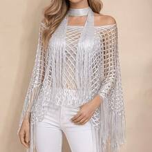 2PCS Women's Fashion Hollow Out Sun Protection Shawl And Scarf Set, Tassel Design Pullover Beach Cover-Up, Suitable For Casual Outings, Parties, Beach Vacations, Hand Washable, Perfect Holiday Outfit - Multicolor - View 11