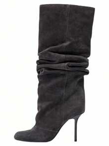 Sepatu Boots Tinggi Ujung Runcing Hak Tinggi Gaya Vintage Shaft Lebar Setinggi Lutut Hak Stiletto Riding Boots Baru - Dark Grey - View 5