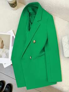 Spring/Summer Women's Solid Color Long Sleeve Double-Breasted Blazer, Notched Collar | Suitable For Dating, Parties, Outings And Holiday Celebrations - Emerald Green - View 8