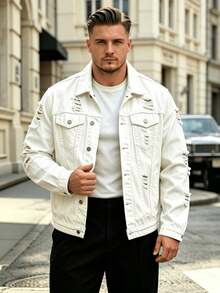 Men's White Denim Jacket Oversized Ripped Distressed Trucker Coat - White - View 9