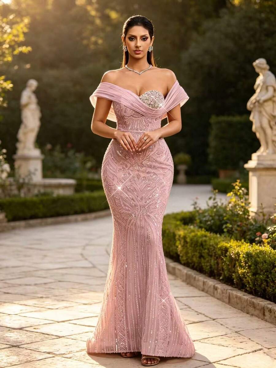 AMILUCK High-End Women's Elegant Sequin & Beaded Cold Shoulder Fitted Mermaid Dress, Hand-Embellished 3D Beaded Bodice, Suitable For Autumn Party & Wedding