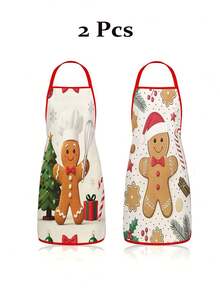 2Pcs Sweet Christmas Gingerbread Man Kitchen Apron, Snowflake Printed Adjustable Cooking Apron, Xmas Holiday Kitchen Decor Christmas Gift - Multicolor - View 2