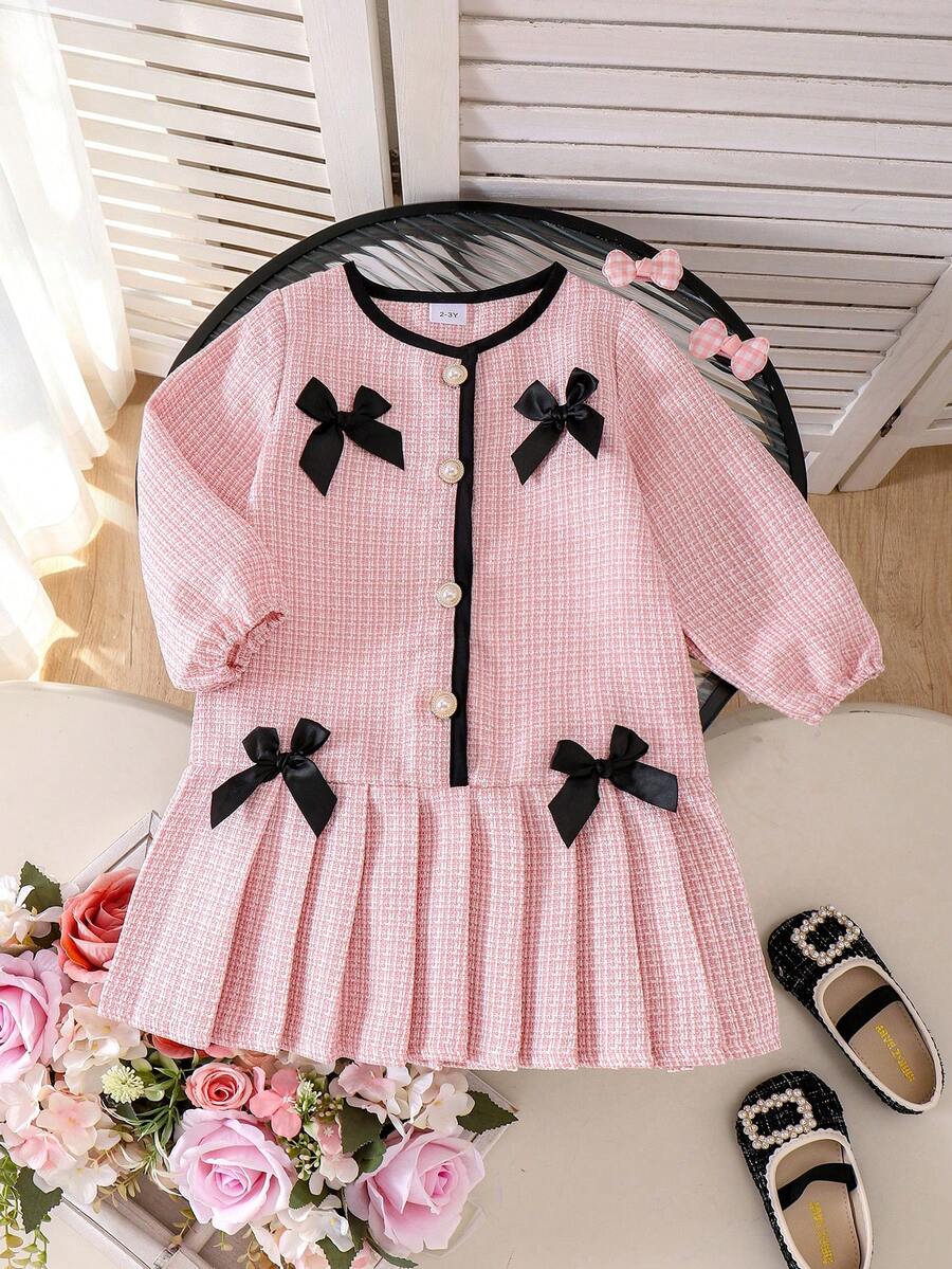 Girls' Elegant Lady Style Pink Tweed Long Sleeve Dress, Spring/Autumn - Pink - View 1