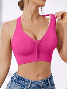 Women's High Intensity Front Zip Seamless Wireless Sports Bra, Suitable For Spring, Summer, Autumn And Winter - Hot Pink - View 3
