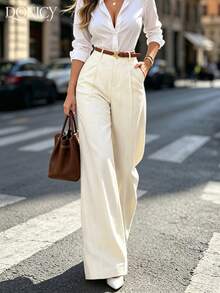 DONICY Women's White High Waisted Double Button Pleated Wide Leg Trousers, Office & Casual Wear - White - View 1