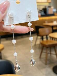 1 Pair Silver Water Drop Pearl Long Tassel Earrings, Fashionable Exquisite Unique Design, Niche Versatile High-End - Silver - View 5