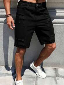 Men's Fashion Distressed Regular Straight Leg Durable Casual Denim Shorts Non-Stretch - Black - View 4
