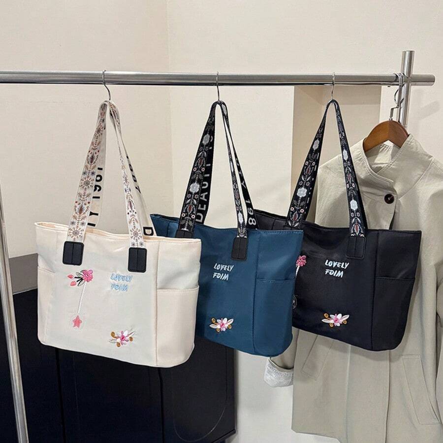 1pc Large Capacity Embroidered Canvas Tote Bag, Women's Commute Travel Handbag