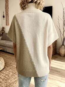 Sweater Rajut Wanita Kerah Tinggi Motif Blok Warna, Potongan Asimetris dengan Lubang, Lengan Pendek, Esensial Musim Gugur/Dingin - Khaki - View 4