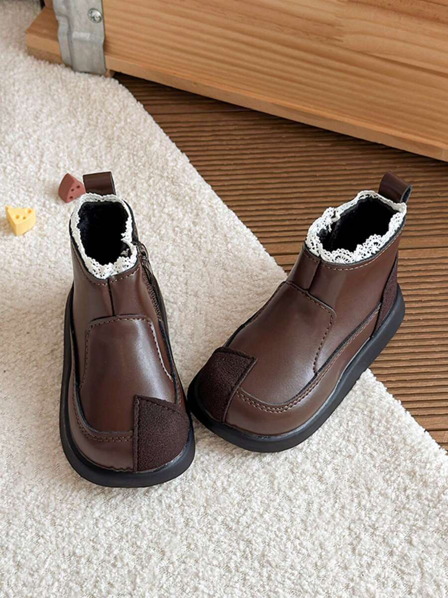 Girls Vintage Patchwork Ankle Boots Autumn Thick Sole Non-Slip Lace-Up Side Zipper Daily Versatile Chelsea Boots - Brown - View 1