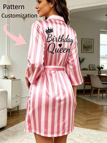 1pc Customized Text Women's Pink Striped Personalized Name Kimono Robe Bathrobe Loungewear Girlfriend Gift - Multicolor - View 1