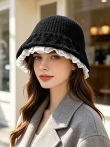 Women's Lace Trim Knitted Bucket Hat, Vintage Ruffle Edge Basin Hat, Soft Warm Woolen Cap For Autumn/Winter, Daily Outing Atmosphere Hat, 3 Colors Available - Multicolor - View 8
