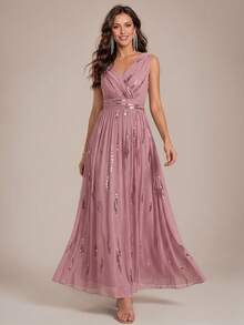 EVERPRETTY Autumn Elegant Luxury Sequin Embroidered Formal Evening Gown Suitable For Wedding Guest, Bride's Mother, Party And Semi-Formal Occasions - Dusty Pink - View 3