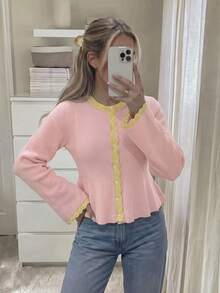 Busana Musim Gugur Wanita: Kardigan Rajut Warna Pink dengan Kerah Bulat, Kancing, dan Lengan Panjang, Cocok untuk Kembali ke Sekolah dan Bepergian. - MultiWarna - View 2