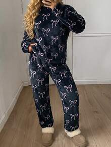 Autumn/Winter Soft Coral Fleece Women's 2 Pieces Loungewear Set, All-Over Light Pink Bow Pattern, Basic Round Neck Long Sleeve Design, Elastic Waist Long Pants, Loose Fit For Comfort And Freedom, Warm And Sweet Daily Home Sleepwear Set - Black - View 3
