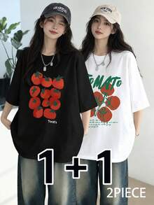 Women's Loose Fit Round Neck Casual Tomato Letter Print Short Sleeve T-Shirt, Summer - High-end Black and White - View 1