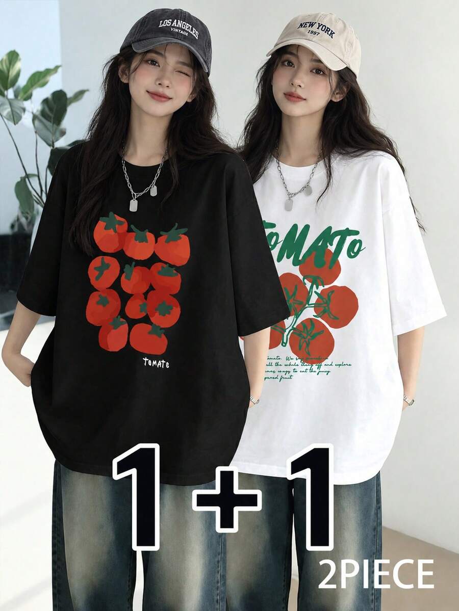 Women's Loose Fit Round Neck Casual Tomato Letter Print Short Sleeve T-Shirt, Summer - High-end Black and White - View 1