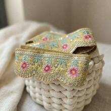 1/5碼 5.5公分寬刺繡亮片蕾絲飾邊－鮮黃、綠、白多色花卉圖案－適用於DIY帽子飾帶、領帶、窗簾裝飾及手工縫製項目 - 多色E - 查看 12