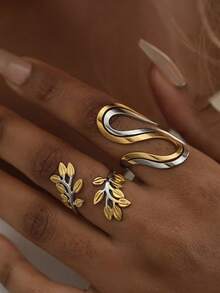 Stainless Steel Oval Open Ring For Women, Hot Selling Simple Geometric Line Leaf Design, Niche Versatile Fashion Finger Jewelry - Multicolor - View 1