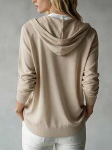 Fall/Winter Plus Size Women's Solid Color Casual Versatile Hooded Cardigan, Suitable For Daily Outings, Shopping, Photography, Autumn Trips, Travel, Vacation, Home Leisure And Other Occasions - Khaki - View 9