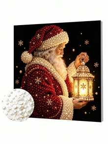 Handmade Pearl Painting Set With Frame, Santa Claus Holding Lamp Pattern Design, Full Set Of Hand Tools, Drill Pen, Rubber Plate, Latest Frame Art, Christmas Gift. - A - View 7