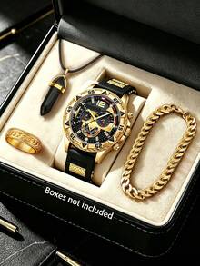4-Piece Gift Set: Large Dial Silicone Strap Watch + Bullet Necklace + Cuban Style Bracelet + Ring, Boy's Gift - Multicolor - View 2