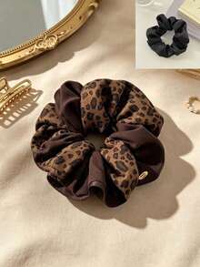 1pcVintage Retro Fabric Scrunchie, Leopard & Brown Double-Sided, Hold Ponytail, Hair Scrunchie, For Daily, Date, Street Style, All Seasons - Multicolor - View 8