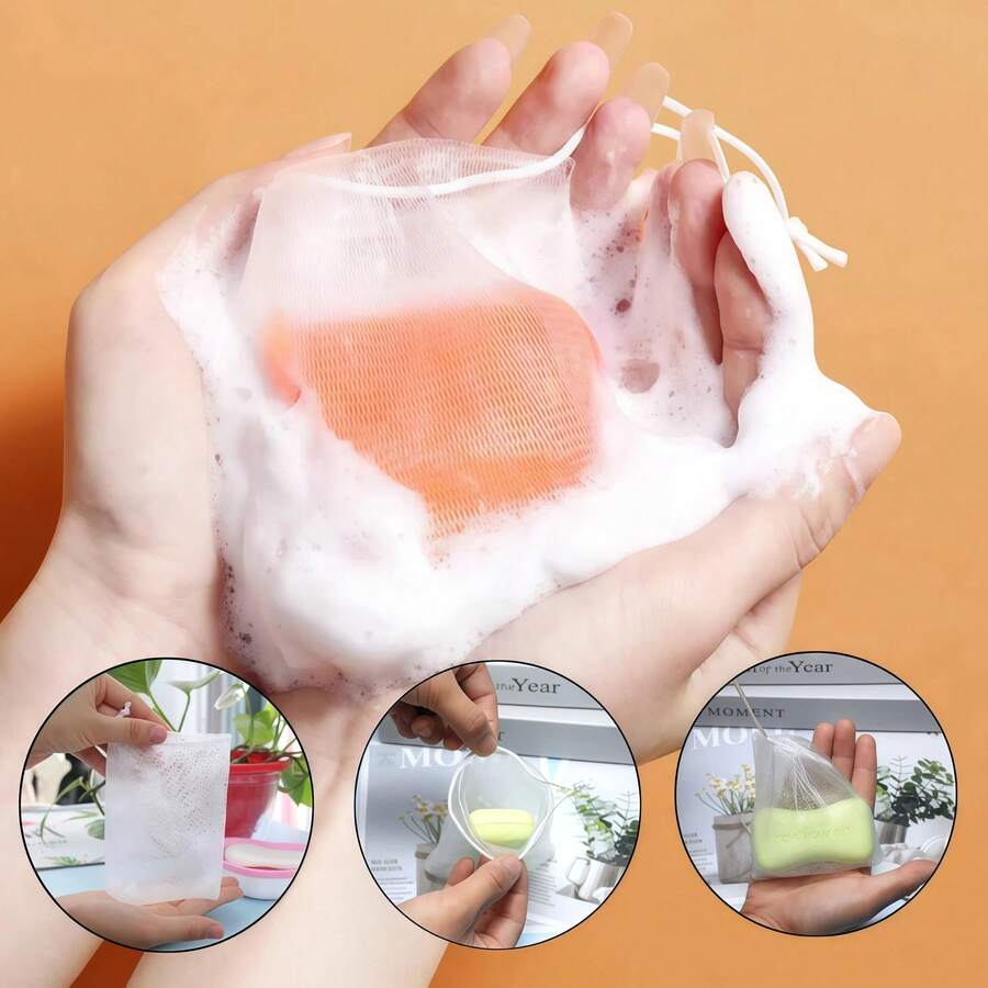 10/30pcs Soap Foaming Bags, Exfoliating Mesh Soap Storage Bags With Drawstring, Easy To Store, Suitable For Bathing, White Foaming Mesh Soap Bags For Soap, Shampoo, Conditioner, Body Wash, Facial Cleanser, Breathable Travel Soap Scrubber With Drawstring