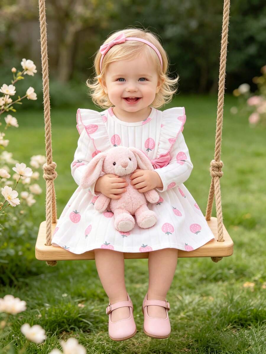 Vestido de Manga Longa Canelado com Estampa de Morango Rosa para Bebê Menina, Primavera/Outono, Vestido de Princesa com Babado, Manga Borboleta e Laço Grande, Roupa Macia, Fofa e Doce para Recém-Nascidos, Roupa para Passeio de Outono, 6-9M; 9-12M; 12-18M; 18-24M; 2-3Y - Branco - Visão 1