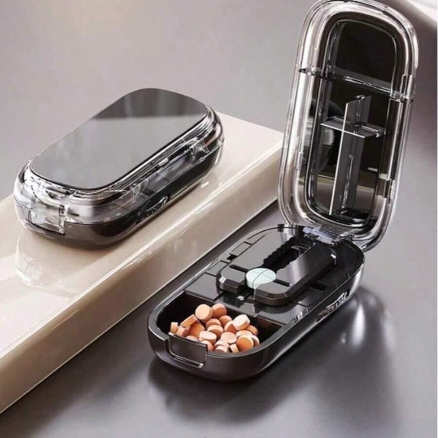 New Portable, Dust-Proof Pill Organizer Box With Quarter-Pill Cutter For Splitting Medications And Tablets. - Quarter Black - View 1