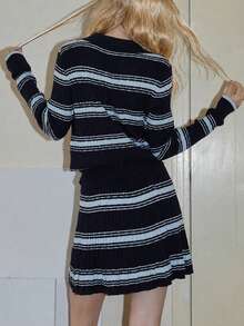 Women's New Autumn/Winter Minimalist Striped Sweater Cardigan And Skirt 2 Pieces Set - Navy Blue - View 2