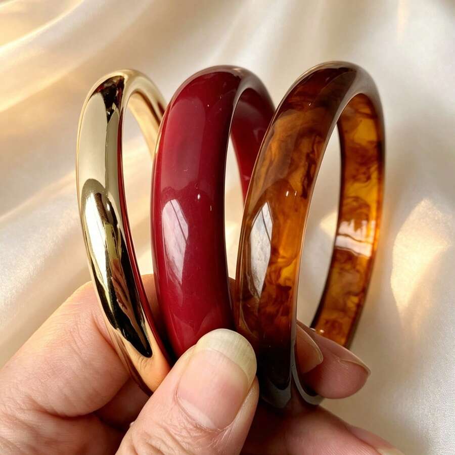 3pcs/Set Fashionable Vintage Thick Multicolor Acrylic Bangle Bracelet Set, Suitable For Women, Daily Wear, Gift For Friends And Family - Multicolor - View 1