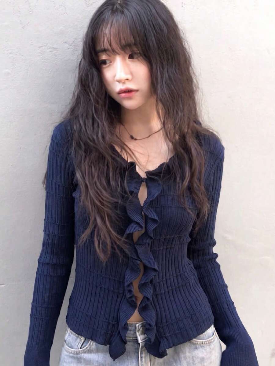 秋季新款韓式風格蕾絲荷葉邊拼接鏤空復古長袖針織開襟外套女上衣,女款秋季服飾,萬聖節 - 藏蓝色 - 查看 1