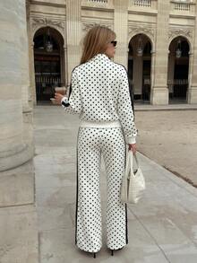 Polka Dot Colorblock Zip-Up Cardigan Two Pieces Set, Lapel Long Sleeve Top & Wide Leg Pants Women Casual Sports Outfit - Multicolor - View 4