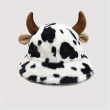 Black & White Cow Print Plush Bucket Hat, Cute Cow Horns Thick Warm Bucket Hat, Fashionable Versatile Hat, Pattern Position May Vary Slightly, Randomly Sent - Multicolor - View 1