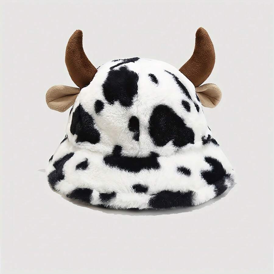 Black & White Cow Print Plush Bucket Hat, Cute Cow Horns Thick Warm Bucket Hat, Fashionable Versatile Hat, Pattern Position May Vary Slightly, Randomly Sent - Multicolor - View 1