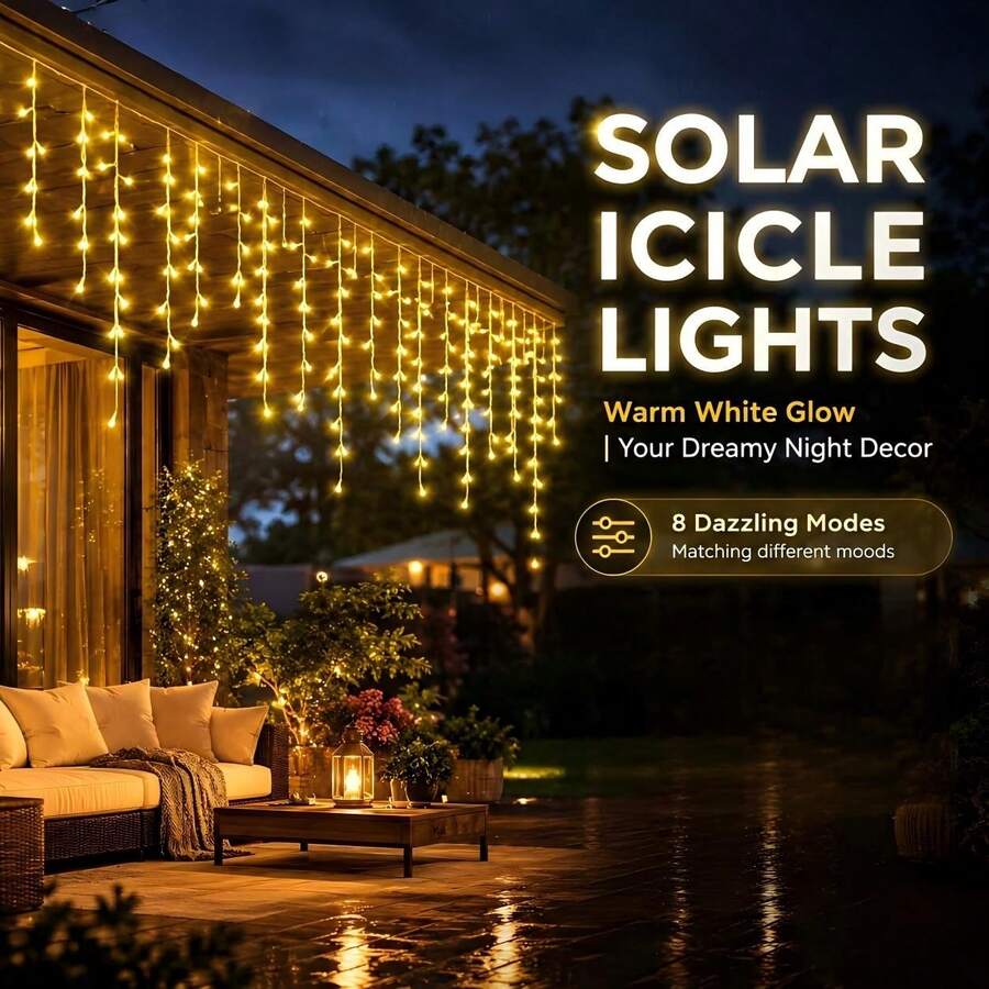Solar Icicle String Lights, 96/160 LED Outdoor Ice Drop Fairy String Lights, Solar Curtain Lights, 8 Lighting Modes With Auto On/Off, Decorative Lights For Christmas, Holidays, Weddings, Courtyards, Gardens And Windows - Solar Icicle Lights - View 1