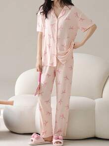 2pcs/Set Piyama Wanita, Atasan Kardigan Lengan Pendek dan Celana Panjang, Pakaian Santai Ramah Kulit untuk Musim Semi/Panas - Berwarna merah muda - View 2