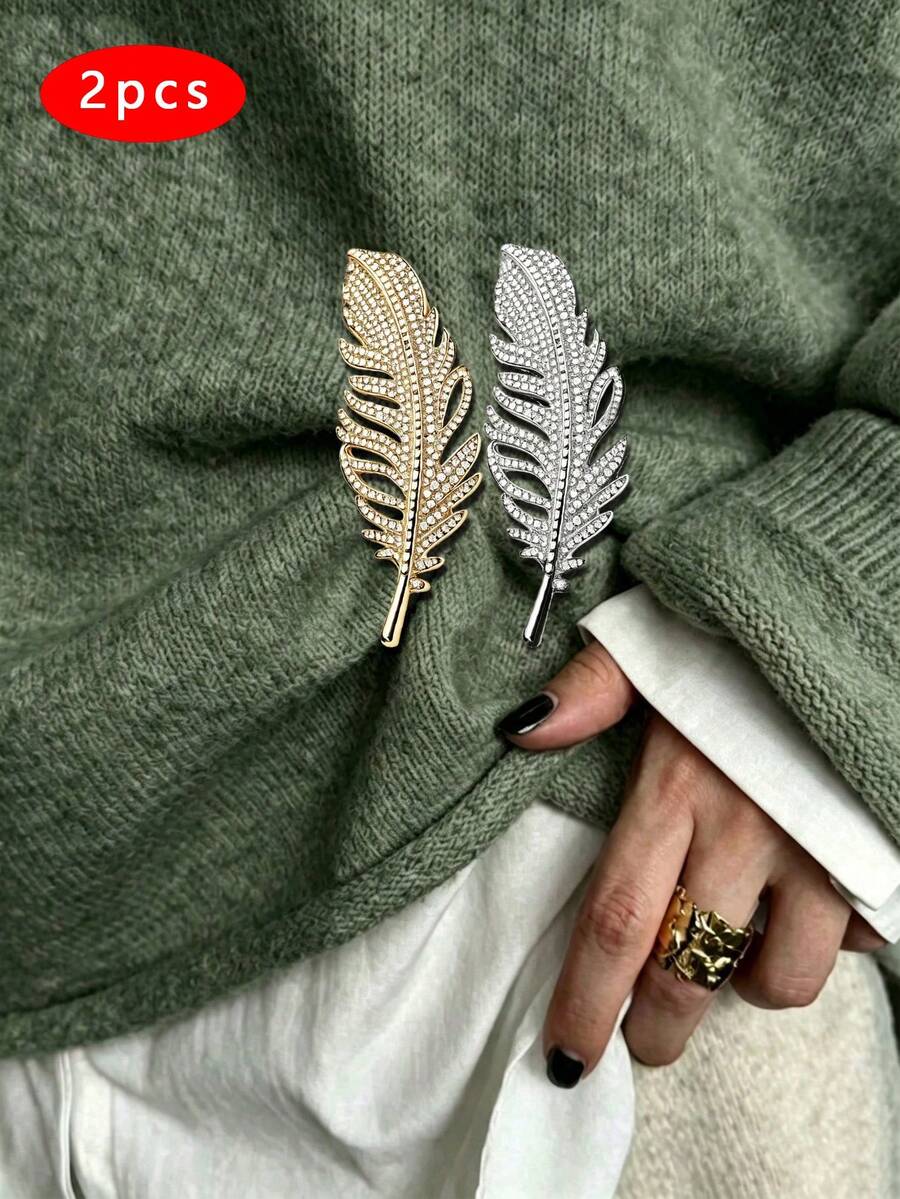 2pcs Hollow Rhinestone Feather Brooch, Multi-Use Decorative Pin For Suit, Dress, Scarf, Hemline, Waist Accessory For Women