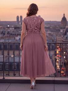 EVERPRETTY Dusty Pink Plus Size Mother Of The Bride Midi Dress With Floral Sequin Bodice Short Sleeves And Pleated Tulle Dress For Formal Wedding - Dusty Pink - View 4