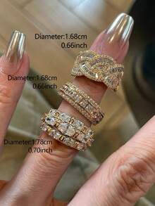 3 buah Cincin Terbuka Geometris Pilin dari Paduan Tembaga dengan Zirkonia Kubik Mewah Gaya Prancis, Cocok untuk Wanita untuk Pernikahan, Perjamuan dan Pesta - Yellow Gold - View 4