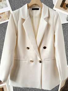 Women's Solid Color Long Sleeve Double-Breasted Blazer Jacket, Notch Lapel | Suitable For Dates, Parties, Outings And Holiday Celebrations - Off White - View 3