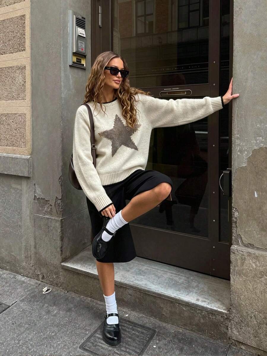 LOVE JOYY Women's Casual Star Pattern Colorblock Knit Sweater, Round Neck Long Sleeve Colorblock Top, Suitable For Daily Casual Autumn/Winter Wear - Apricot - View 1