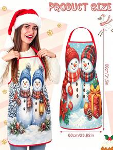 2Pcs Christmas Snowman Couple Kitchen Apron, Plaid Scarf Gift Box Snowflake Printed Adjustable Cooking Apron, Xmas Holiday Kitchen Decor Christmas Gift - Multicolor - View 3