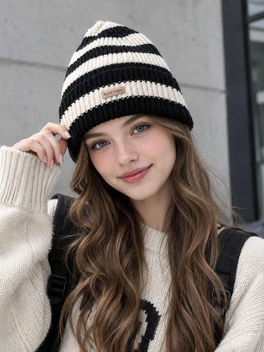 ML&ZA Women's Striped Knit Beanie, Handmade Label Decor Cuffed Winter Hat, Soft Thick Warm Knit Cap, Suitable For Daily Outdoor Cold Weather Wear - Multicolor - View 1